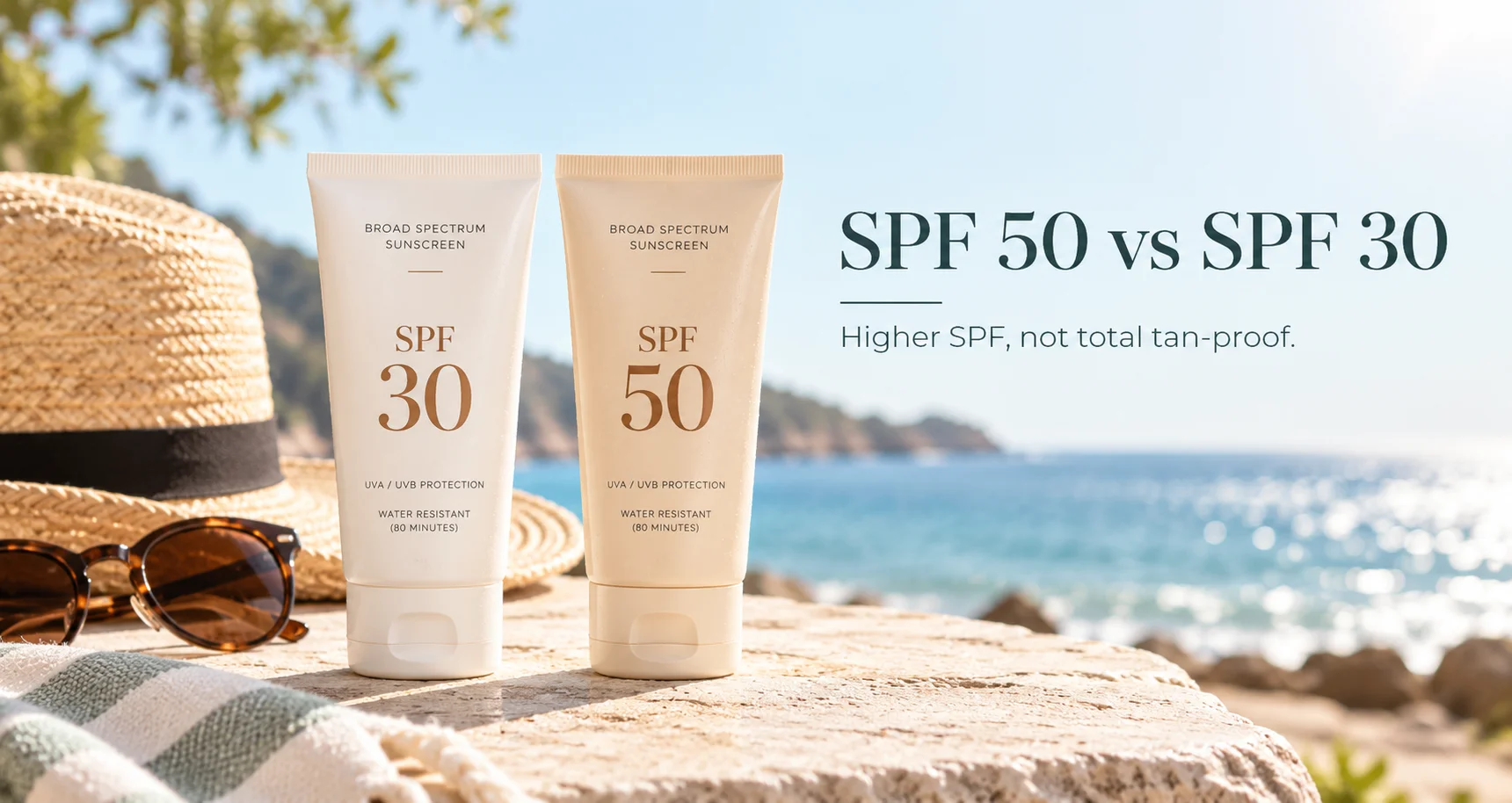 SPF 30 and SPF 50 sunscreen tubes placed on a stone surface near a hat, sunglasses, and a striped towel with a beach and ocean in the background.